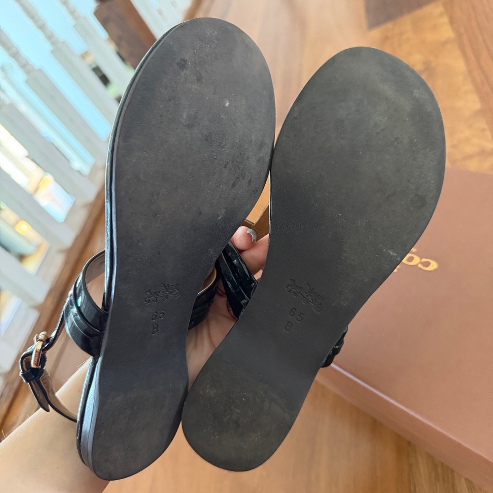 Coach Caterine Black Patent Leather T-Strap Sandals with Gold Accent - Picture 5 of 5